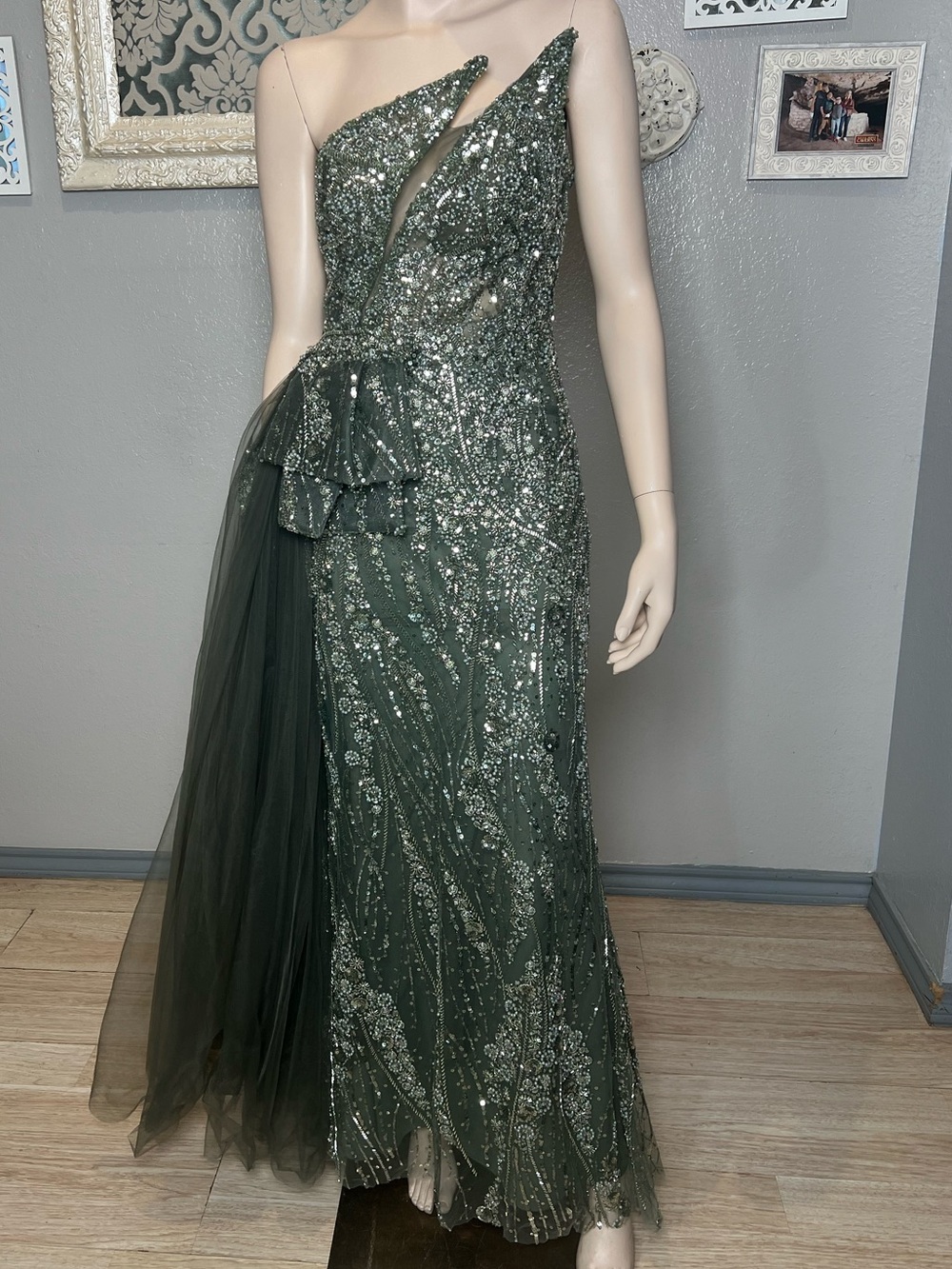 Shankara Dark Sage Green One-Shoulder Sequin Evening Gown